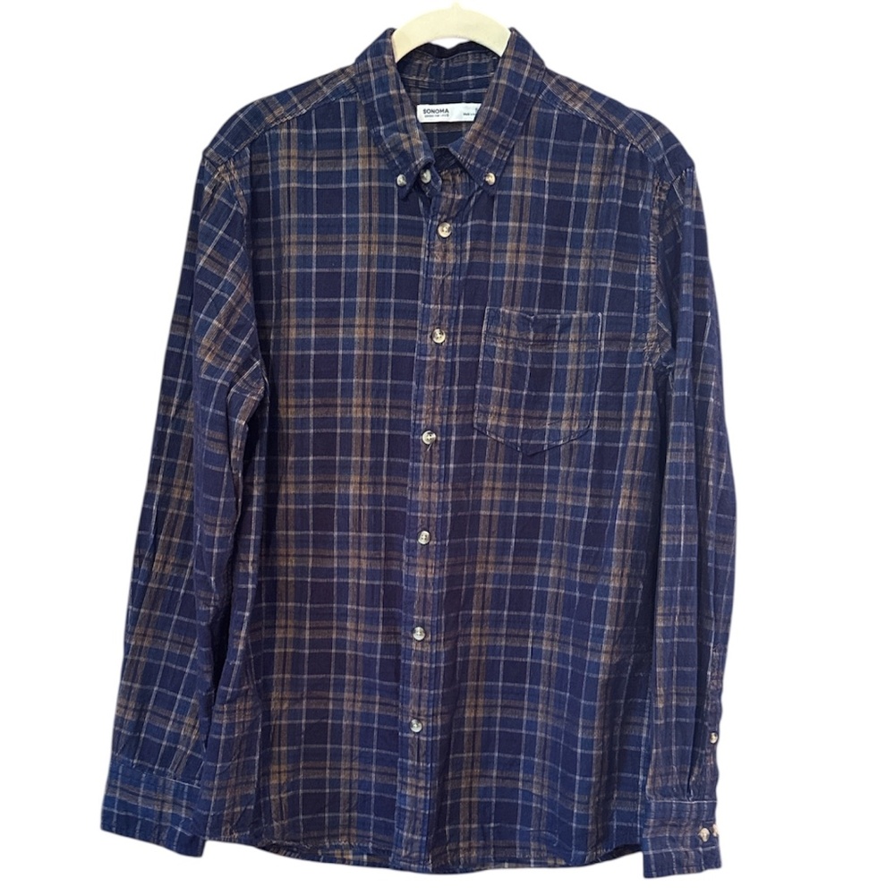 Men's Sonoma Corduroy Button-Up Shirt, Small, Navy & Tan, NWOT